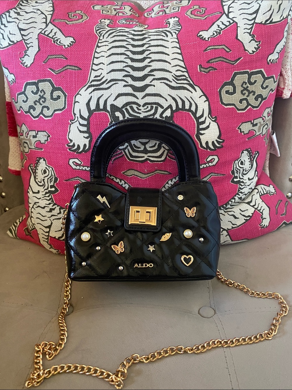 ALDO Black pleather Quilted Mini Satchel with Gold Accents and Charms
